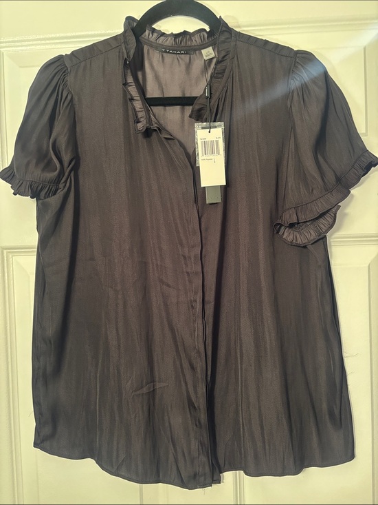 Tahari Tops - Tahari Charcoal Black Ruffled Short-Sleeve Blouse